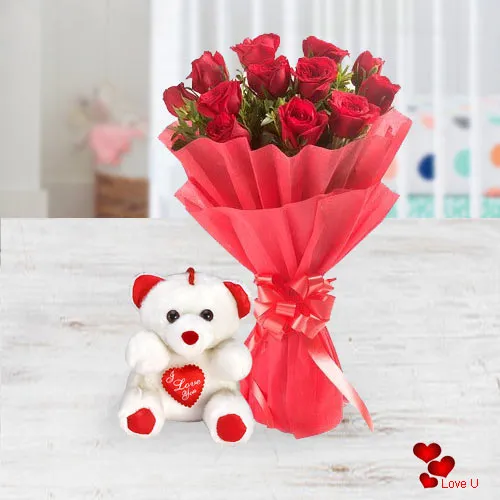 V-Day Gift of Red Roses Bouquet with Teddy