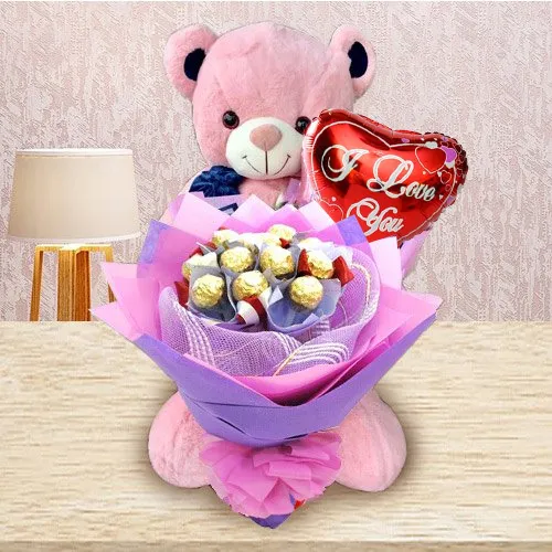 Remarkable Ferrero Rocher Bouquet, Teddy N I Love You Mylar Balloon