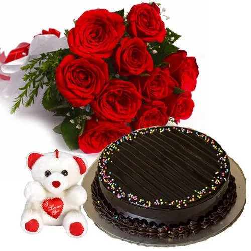 Marvelous Red Rose Bouquet with Black Forest Cake N Teddy to Varanasi, India