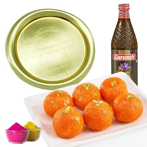 Traditional Gold Plated Thali with Haldirams Ghee Laddu n Thandai for Holi