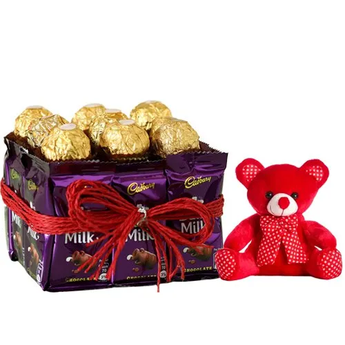 My Valentine Vase of Ferrero Rocher  N  Dairy Milk with Teddy