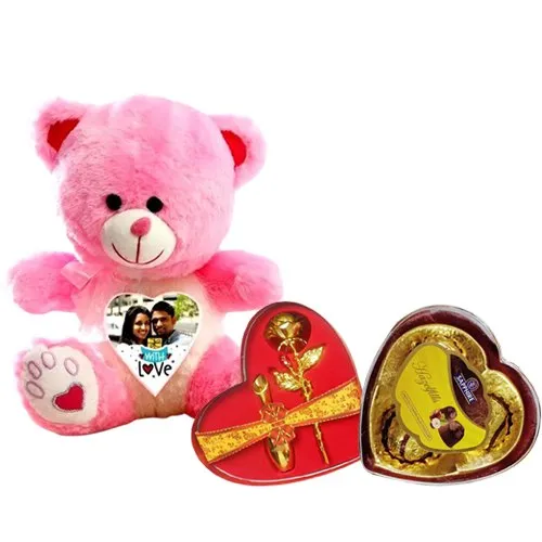 Graceful Personalized Photo Teddy with Golden Rose Heart Shape Box  N  Sapphire Chocolates