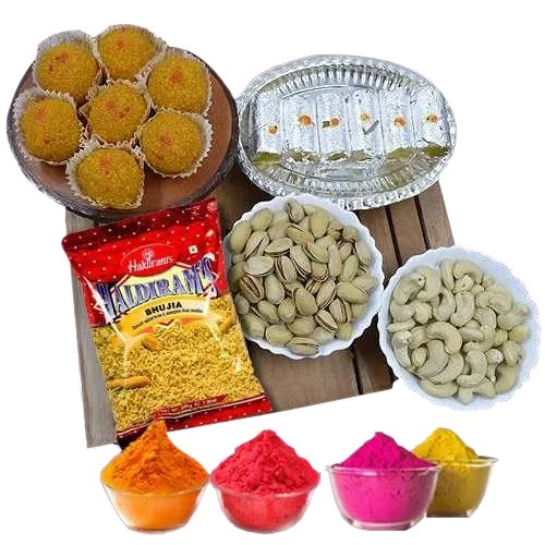 Ravishing Holi Sweets N Dry Fruits Hamper with Free Gulal