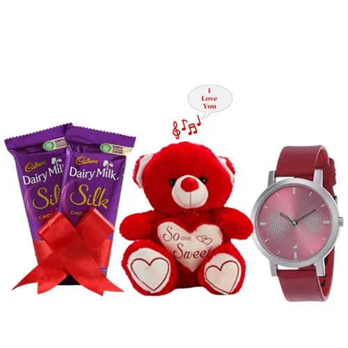 Breathtaking gift of Fastrack Ladies Watch with Singing Teddy N Cadbury Silk