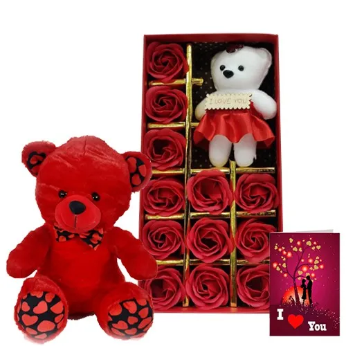 Delightful Red Teddy with Artificial Roses N Teddy Box n Love You Card