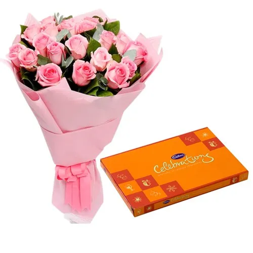 Gaudy Pink Roses Hand Bunch with Cadbury Assortment