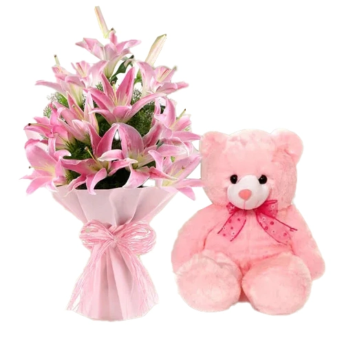 Send Teddy N Pink Lilies Bouquet Online for Hug Day