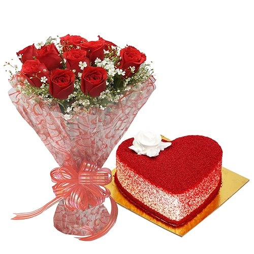 Heart Shape Red Velvet Cake with Red Rose Bouquet for Valentines Day