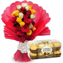 Combo of Mixed Roses Bouquet with Ferrero Rocher