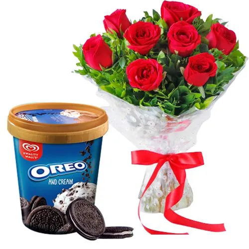 Stunning Gift of Kwality Walls Oreo Ice Cream Tub with Red Roses