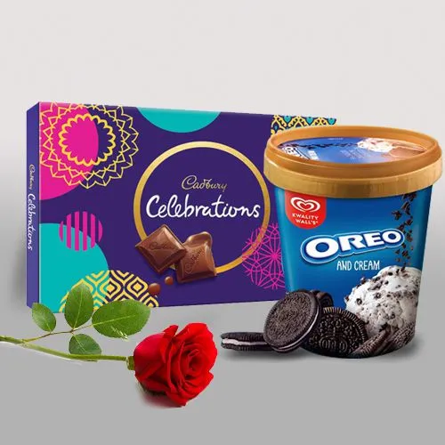 Irresistible Cadbury Celebration n Kwality Walls Oreo Ice Cream with Red Rose