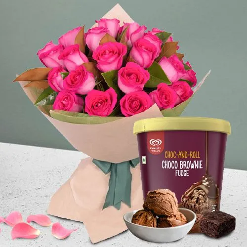 Tasty Kwality Walls Choco Brownie Fudge Ice Cream with Pink Roses Bouquet