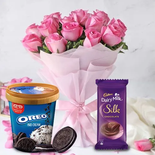 Ravishing Pink Roses Bouquet N Kwality Walls Oreo Ice Cream with Cadbury Chocolate