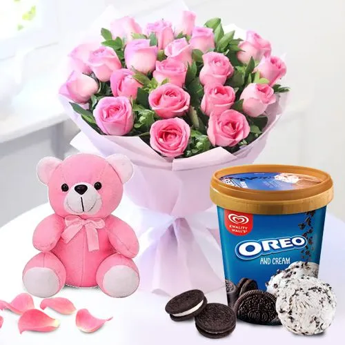 Unique Combo of Kwality Walls Oreo Ice Cream with Pink Roses n Love Teddy