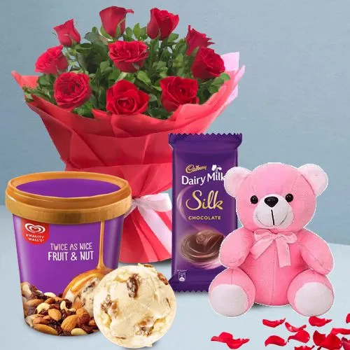 Classic Red Roses n Kwality Walls Twin Flavor Ice Cream with Teddy n Cadbury Silk