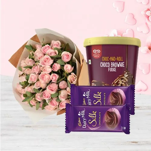 Exquisite Kwality Walls Choco Brownie Fudge Ice Cream n Pink Roses with Cadbury Silk