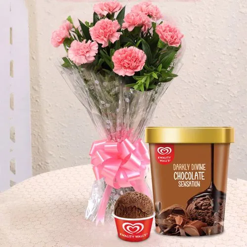 Beautiful Pink Carnation Bouquet with Kwality Walls Chocolate Ice Cream