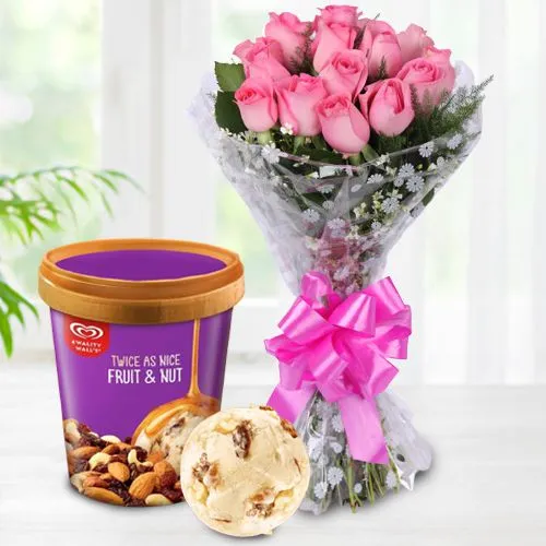 Charming Pink Roses Bouquet with Fruit n Nut Ice-Cream from Kwality Walls