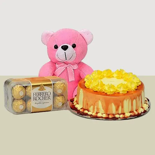 Fabulous Treat of Butterscotch Cake N Chocolates with a Soft Teddy