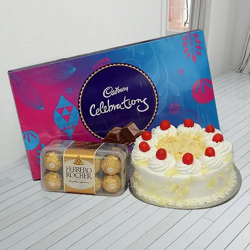 Attractive Combo of Cadbury Celebration, Ferrero Rocher and White Forest Cake