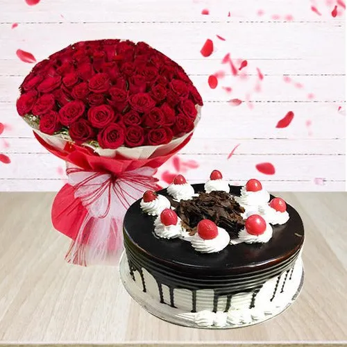 Online Basket of Red Roses with Black Forest Cake