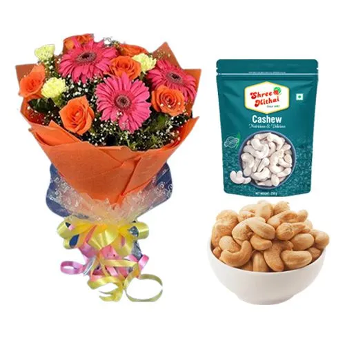 Kaju King from Famous Shree Mithai with Seasonal Flower Bouquet