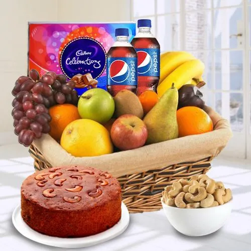 Plum Cake 1 Lb, Pepsi 2 Pet Bottles, Cadburys Celebration Pack, Fresh Fruits 2 Kg, Roasted Cashew 500 gms
