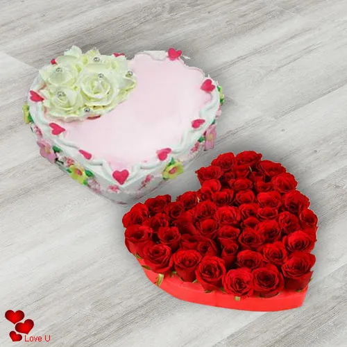 Buy Rose Day Gift of Heart Shape Red Roses N Love Cake Online