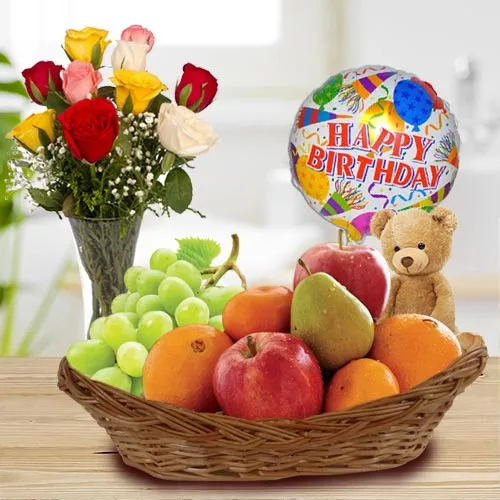 Fresh Fruits Basket with Roses, Mylar Balloons n Teddy