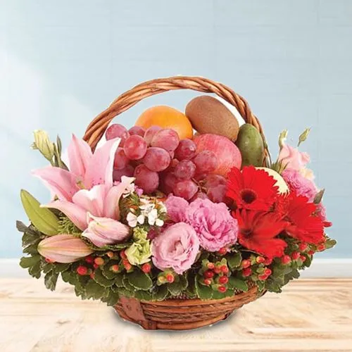 Garden Fresh Fruits Basket decorated with Mixed Flowers