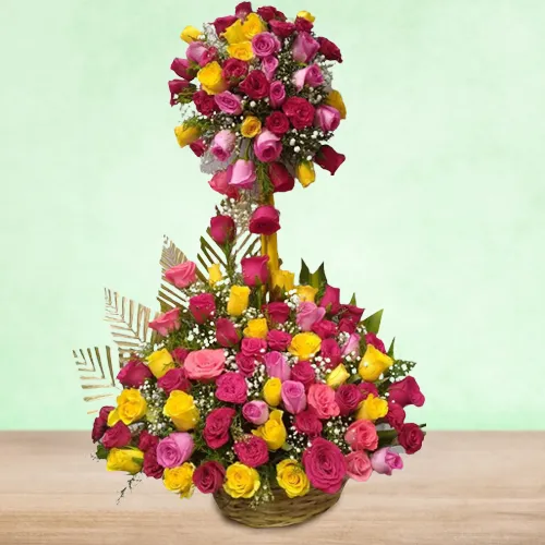 Majestic Double Tier Arrangement of 150 Colourful Roses