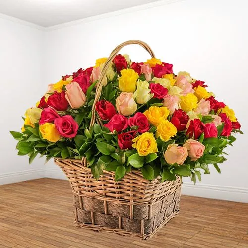 Blushing Mixed Roses with Gypsophila in Basket