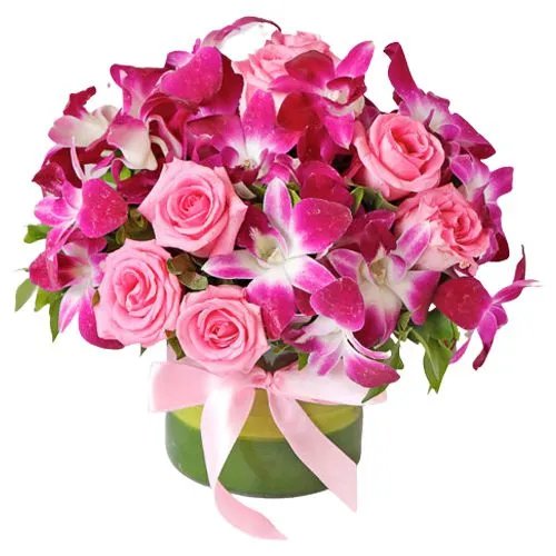 Stunning Arrangement of Pink Roses with Purple Orchids