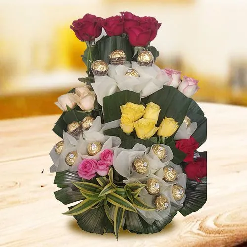 Colorful Arrangement of Roses n Ferrero Rocher