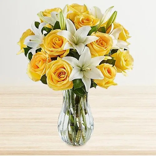 Elegant Vase of Yellow Roses n White Lilies