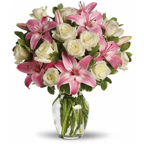 Breathtaking Present of Pink Lilies with White Roses in Glass Vase