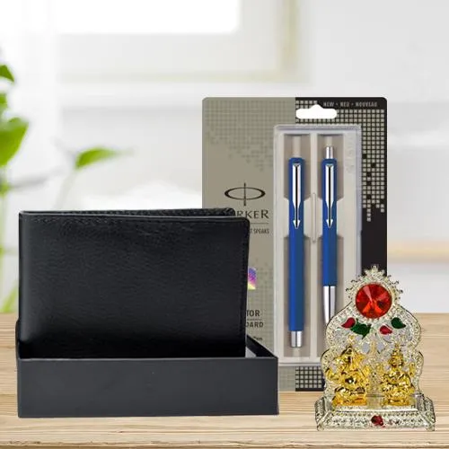 Stylish Parker Pen Set with a Rich Borns Black Leather Wallet n Laxmi Ganesh Mandap