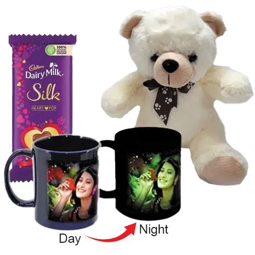 Striking Personalized Photo Radium Mug with Teddy n Heart Chocolates