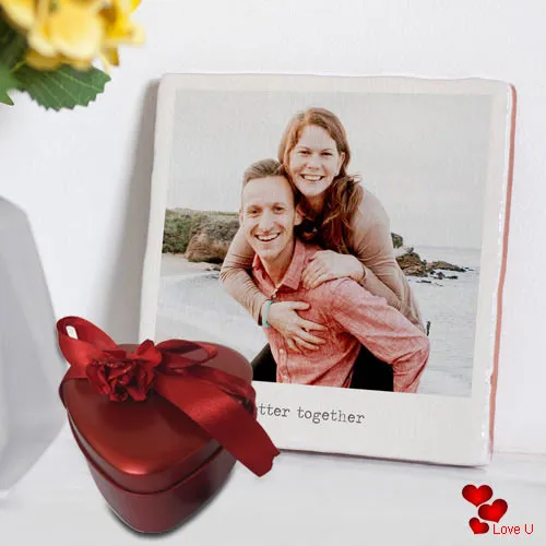 Special Personalized Photo Tile with Heart Shape Hand Made Chocolates