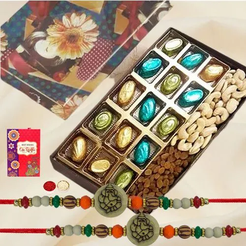 Pious Ganesh Rakhi Set with Homemade Chocolates n Dry Fruits Box