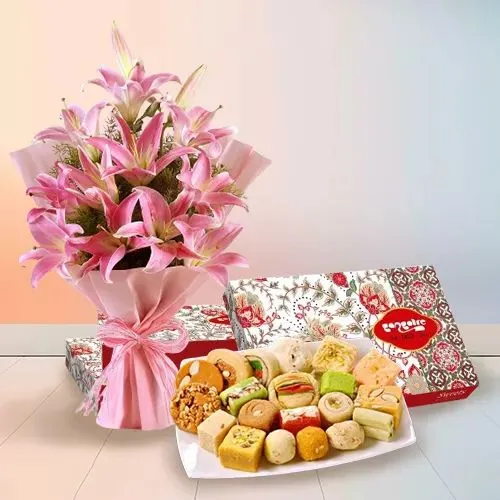 Pink Lilies  N  Assorted Sweets Combo